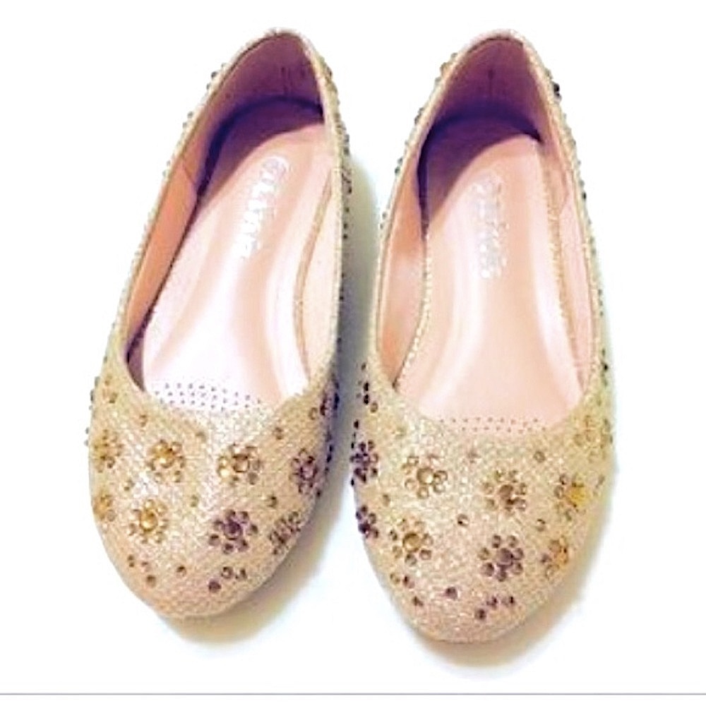 Link Girls Gold Dress Shoes with Crystal Embellishments Ballet Dance Flats
